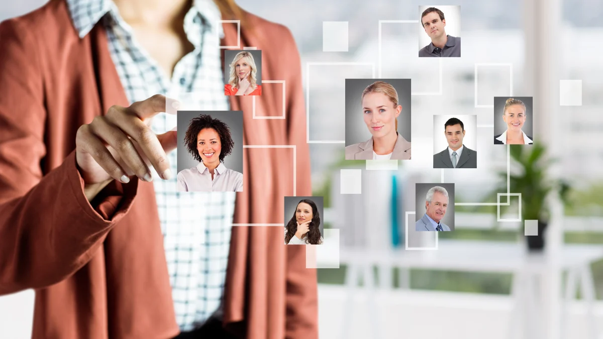 Thumbnail showing floating photos of different people who work at an agency, with a person in the background selecting individuals.